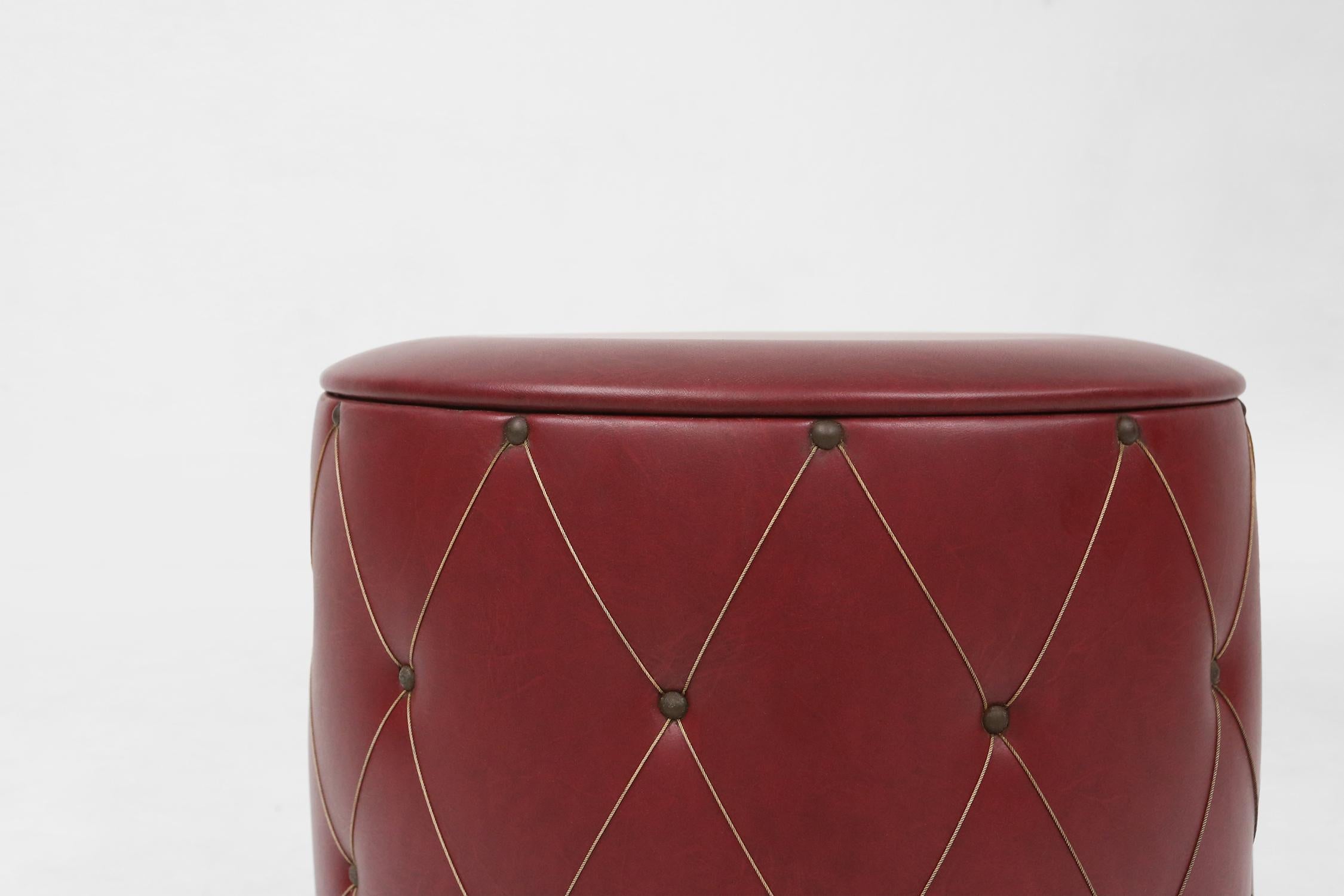Mid-Century Modern Vintage pouf with storage in dark red faux leather, France ca. 1950 For Sale