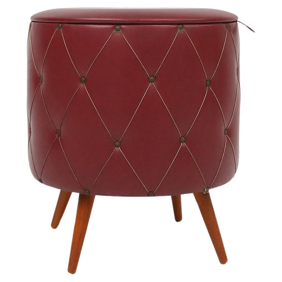 Vintage pouf with storage in dark red faux leather, France ca. 1950 For Sale