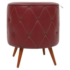 Vintage pouf with storage in dark red faux leather, France ca. 1950