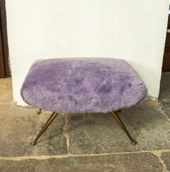 Vintage Pouf with Wooden Structure, Fur-Lined Padding, Brass Legs, Italy, 1950s