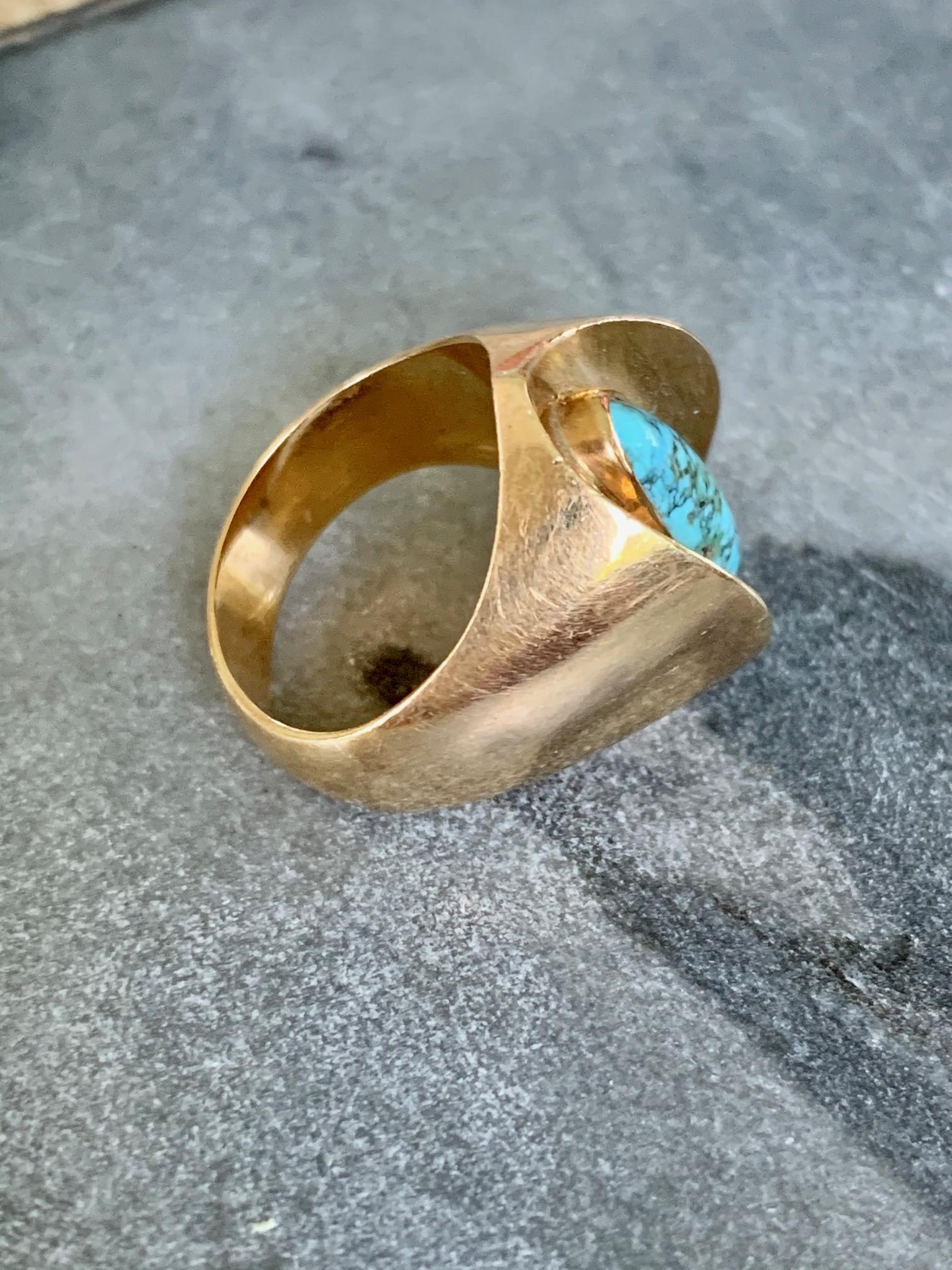 Women's or Men's Vintage Poul Warmind Turquoise 18 Karat Yellow Gold Ring - Size 6