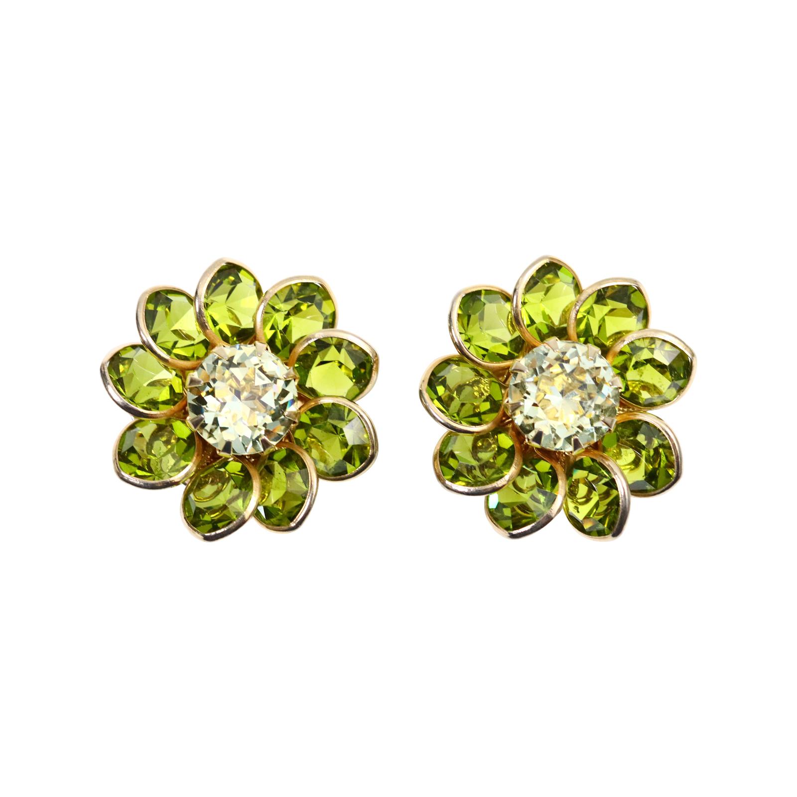 Vintage Poured Glass Gold Tone Green With Diamante Flower Earrings Circa 1960s. Even the photos can't capture the beauty of these earrings.  Each of the petals are green glass and surrounded by gold.  All the petals slightly move and then in the