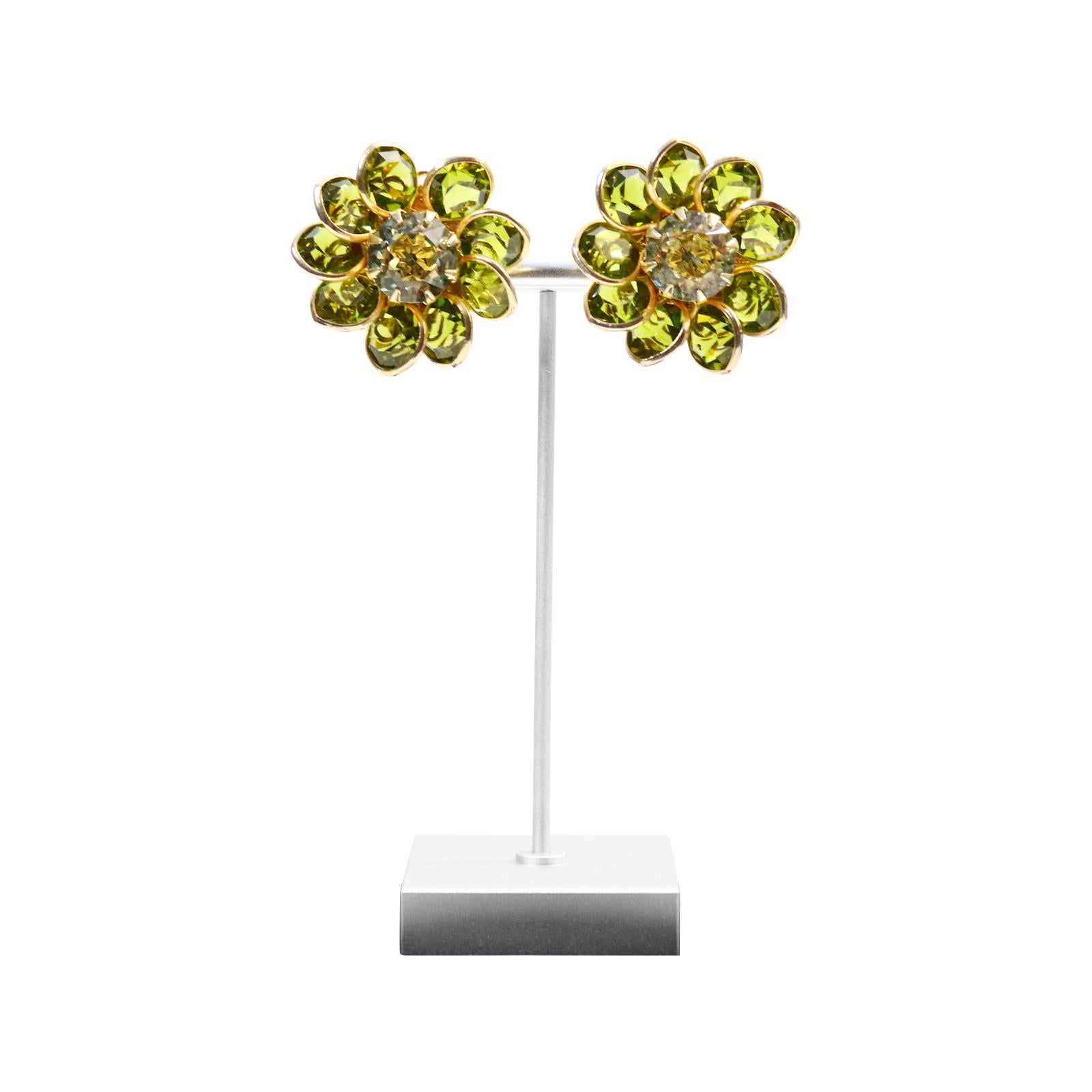 Contemporary Vintage Poured Glass Gold Tone Green With Diamante Flower Earrings Circa 1960s For Sale