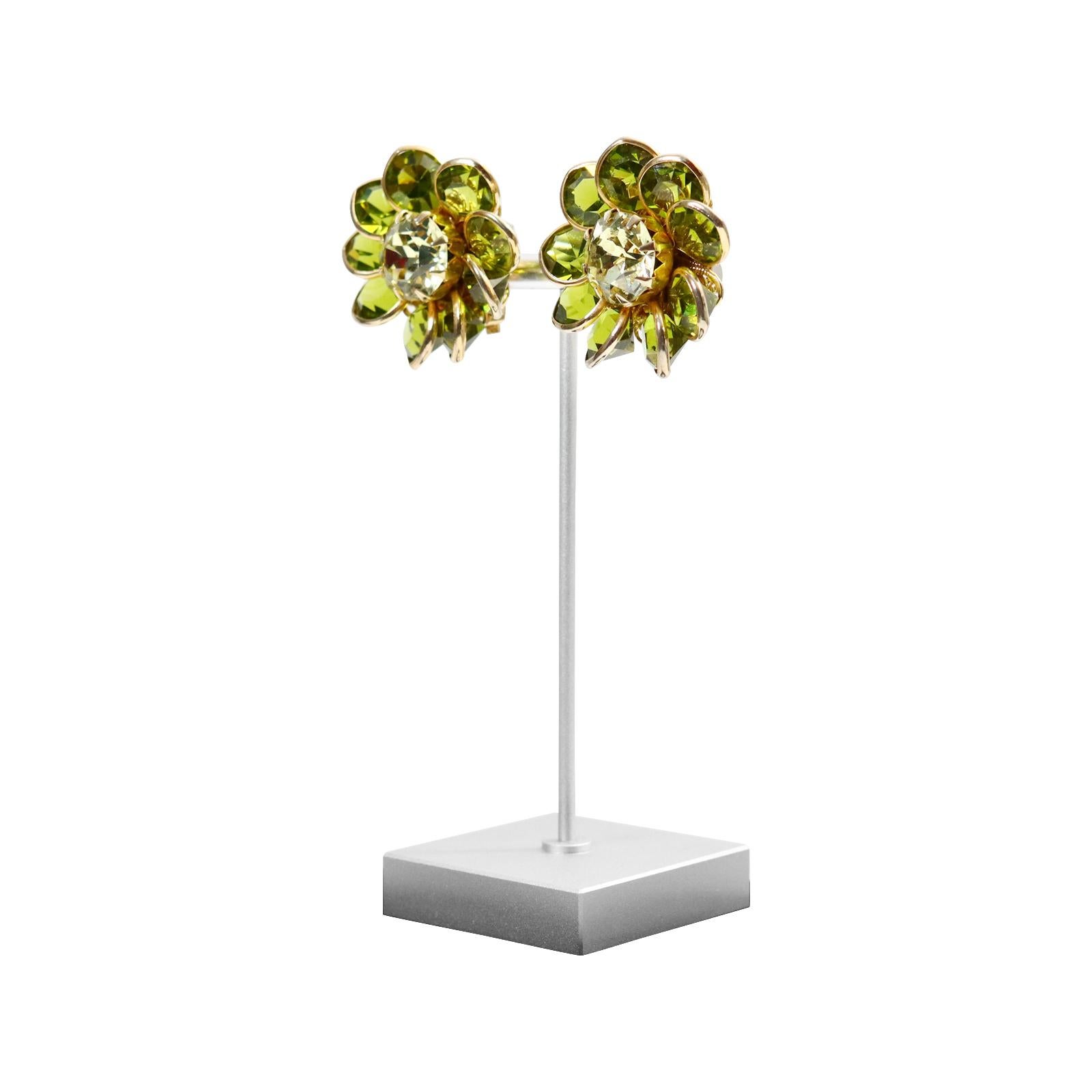 Women's or Men's Vintage Poured Glass Gold Tone Green With Diamante Flower Earrings Circa 1960s For Sale