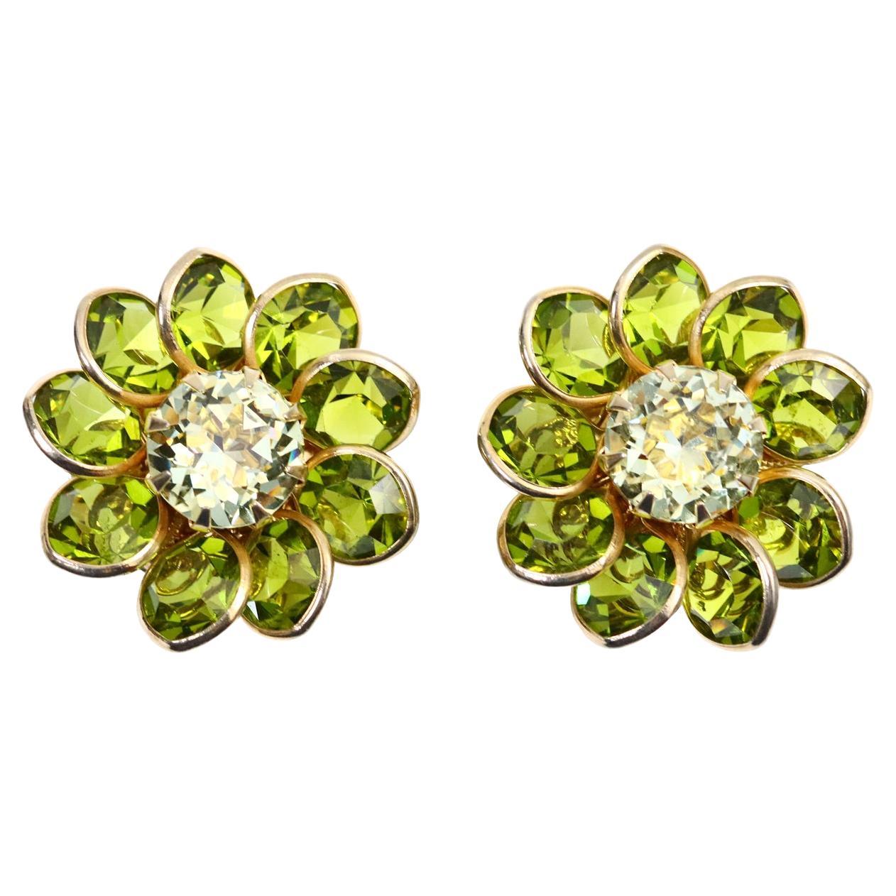 Vintage Poured Glass Gold Tone Green With Diamante Flower Earrings Circa 1960s For Sale