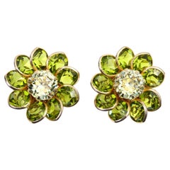 Retro Poured Glass Gold Tone Green With Diamante Flower Earrings Circa 1960s