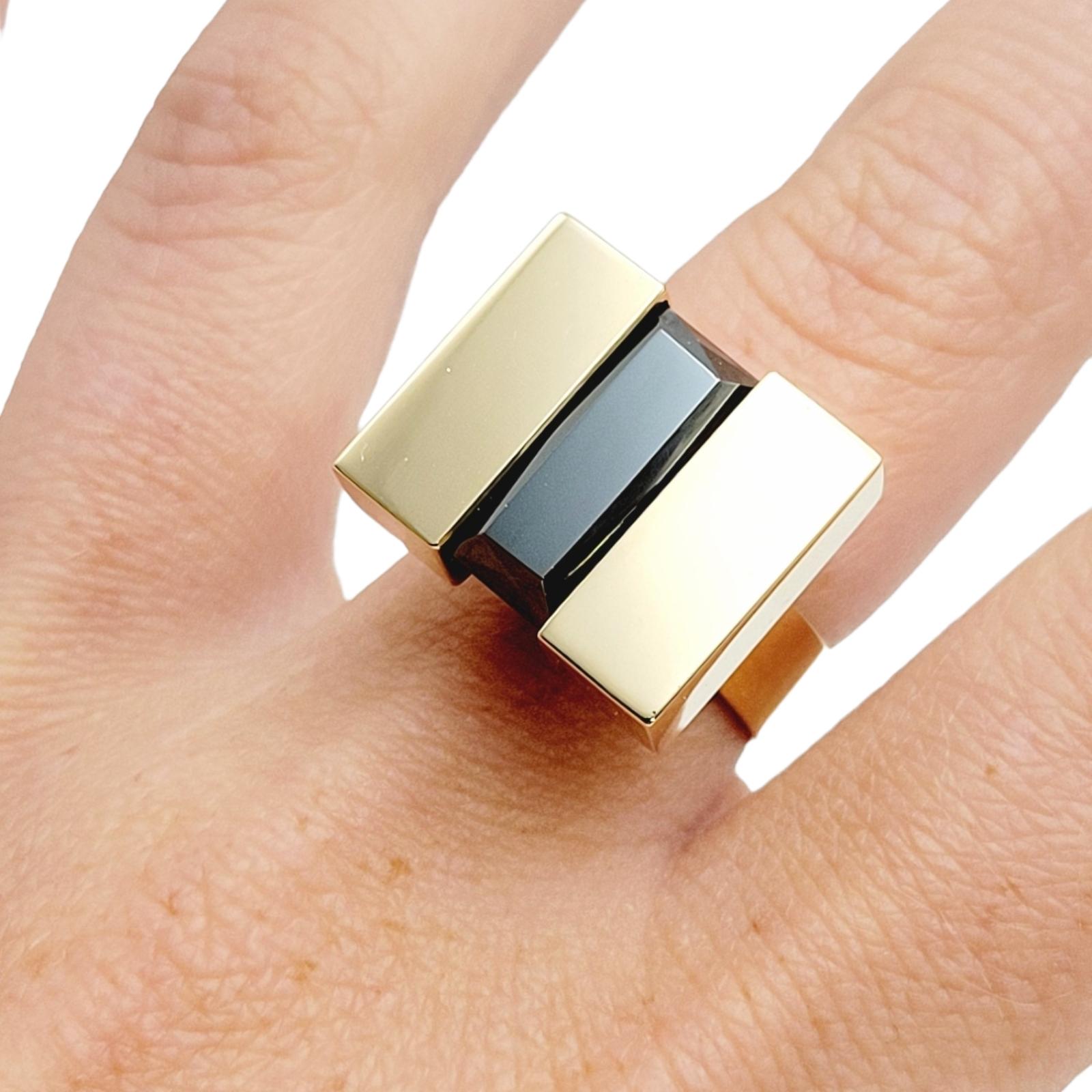 Vintage Povl Henrik Storm Yellow Gold Rectangular Faceted Hematite Tablet Ring For Sale 7