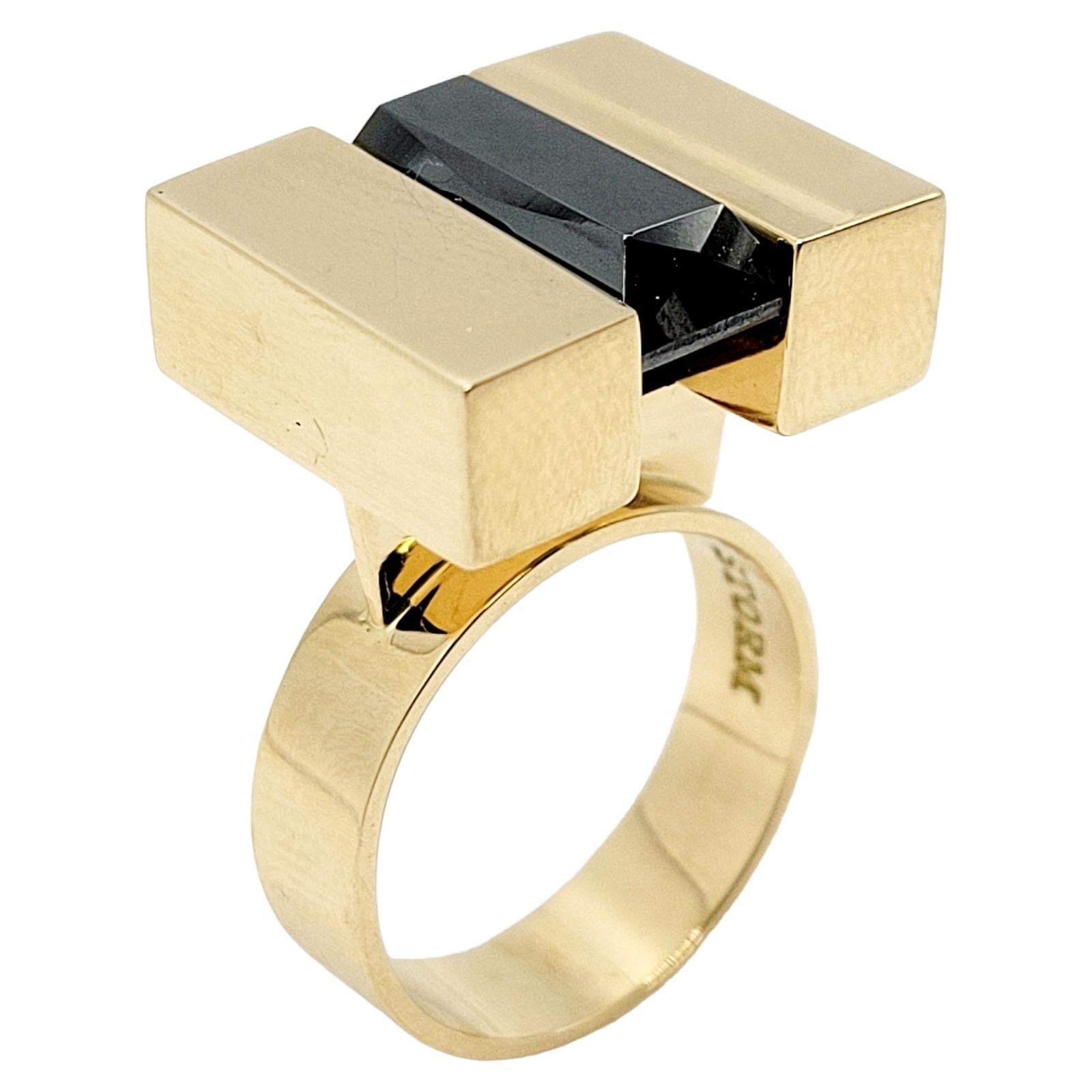 Modernist Vintage Povl Henrik Storm Yellow Gold Rectangular Faceted Hematite Tablet Ring For Sale
