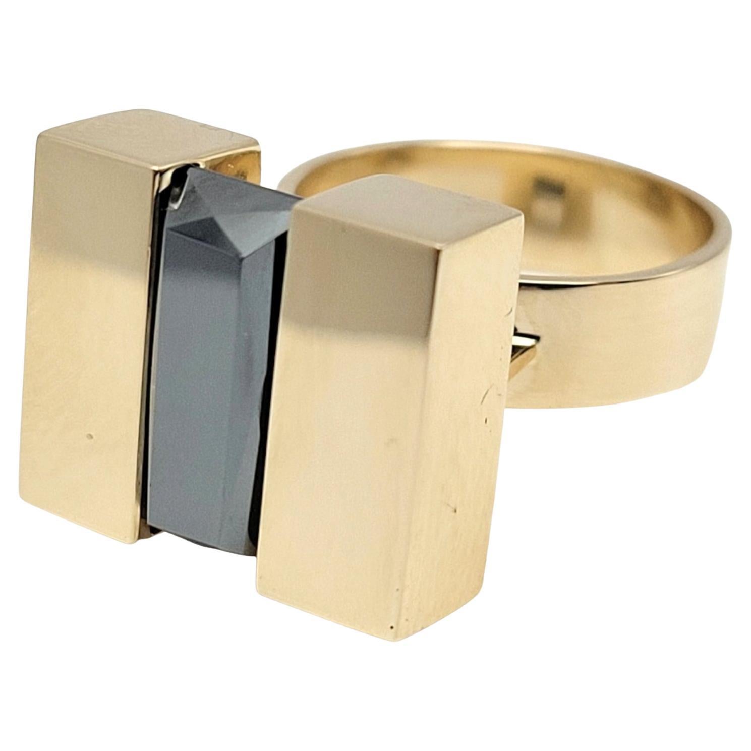 Vintage Povl Henrik Storm Yellow Gold Rectangular Faceted Hematite Tablet Ring 