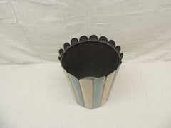 Vintage Powder Blue and Beige Tole Wastebasket with Scalloped Edges