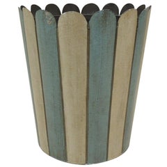 Vintage Powder Blue and Beige Tole Wastebasket with Scalloped Edges