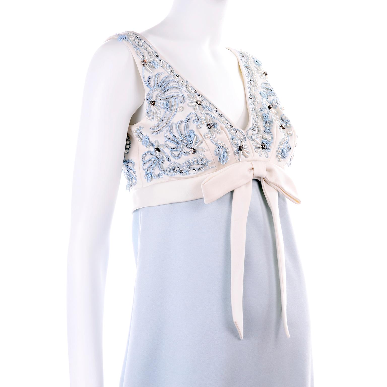 Vintage Powder Blue & White Beaded Dress W/ White Bow & Jacket 4