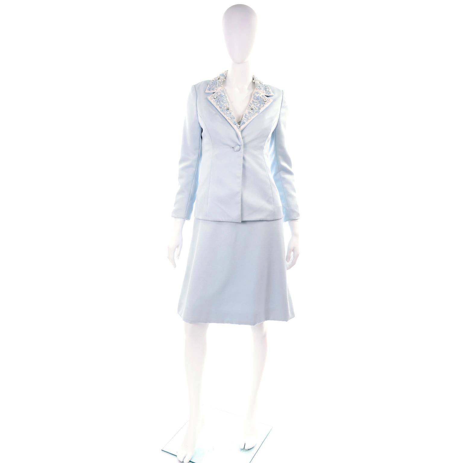 Vintage Powder Blue & White Beaded Dress W/ White Bow & Jacket 6