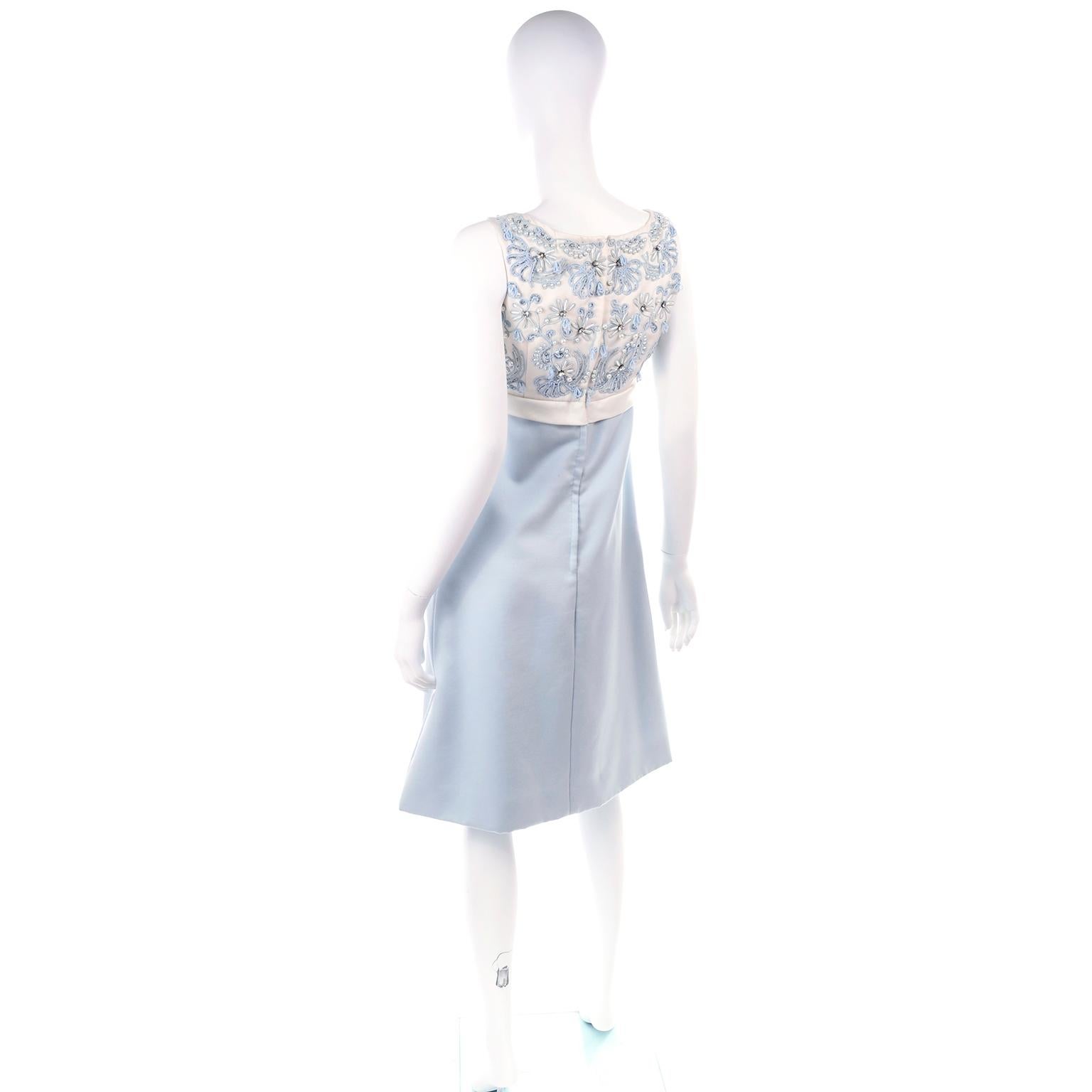 Vintage Powder Blue & White Beaded Dress W/ White Bow & Jacket In Excellent Condition In Portland, OR