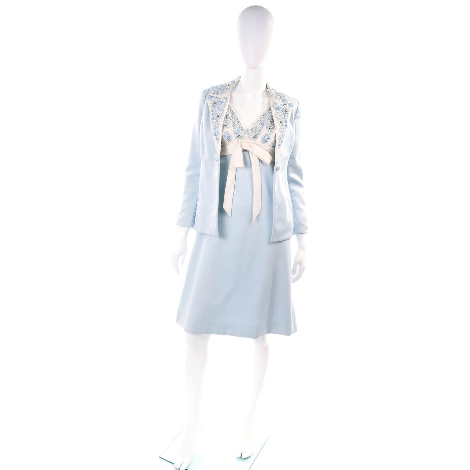 Women's Vintage Powder Blue & White Beaded Dress W/ White Bow & Jacket