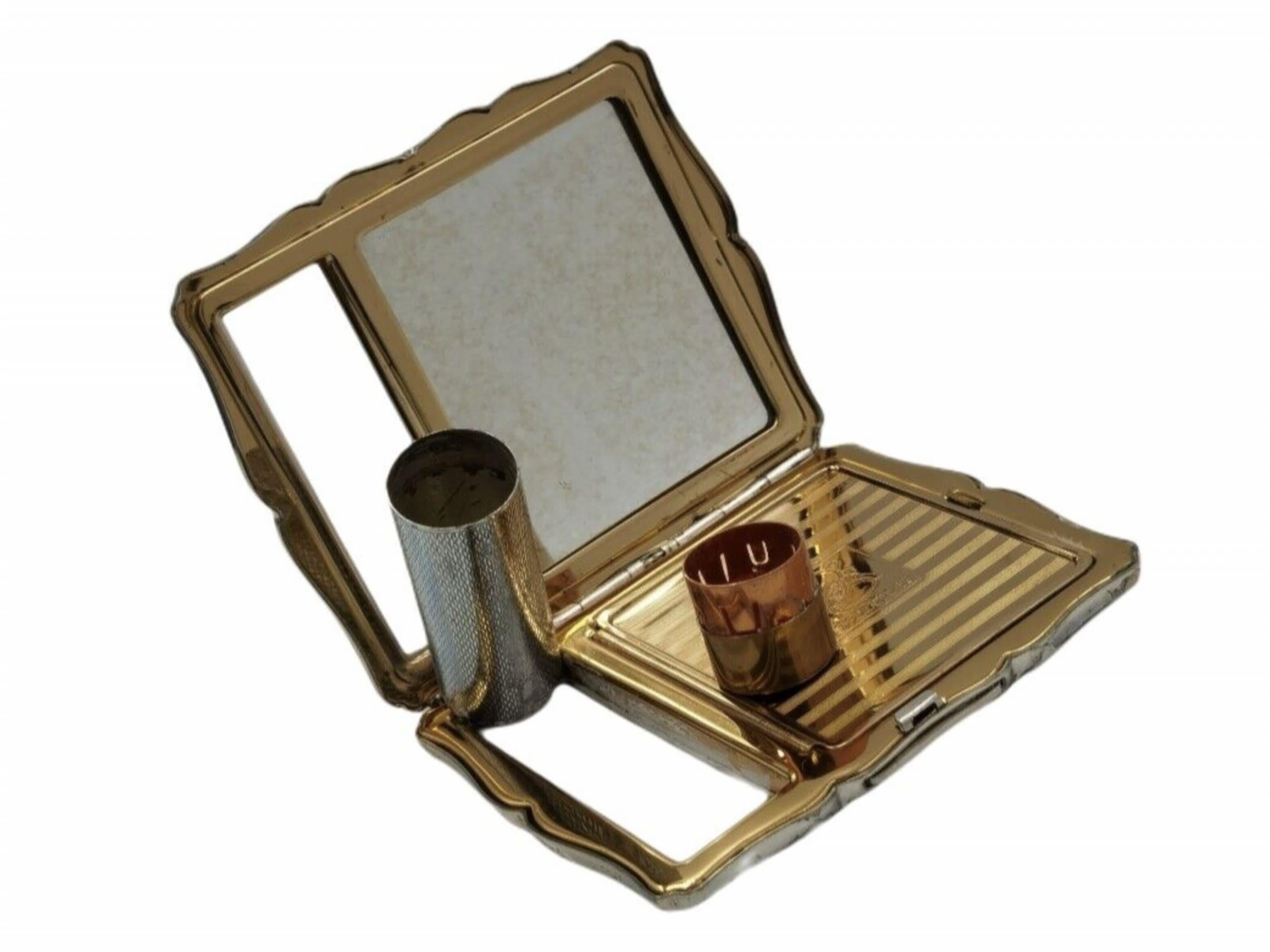 Art Deco Vintage “Straron” No1 Powder Case with Mirror and Lipstick Holder Case For Sale