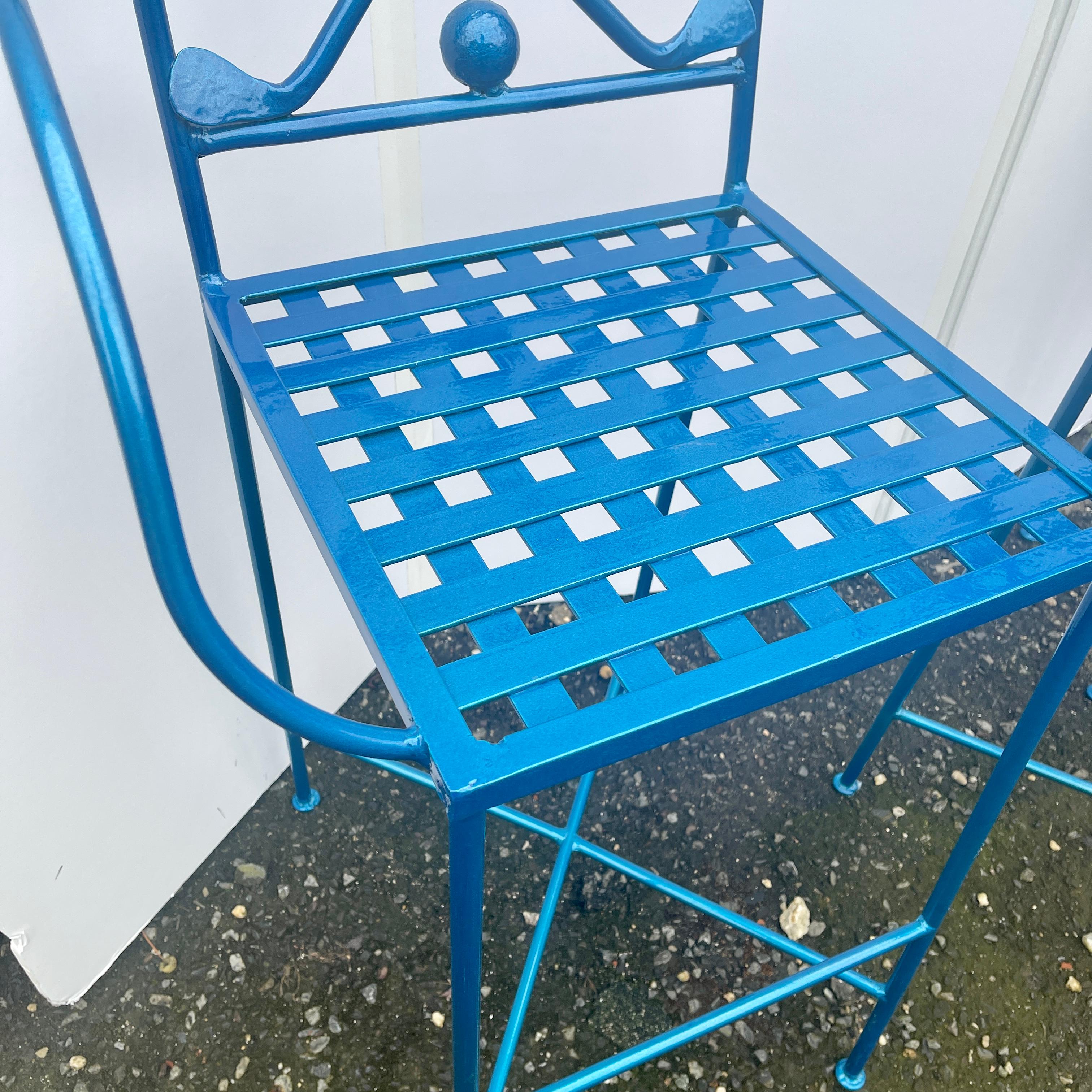 American Vintage Bar Stools, Golfer Figure on Back of Stool, Powder Coated Bright Blue For Sale