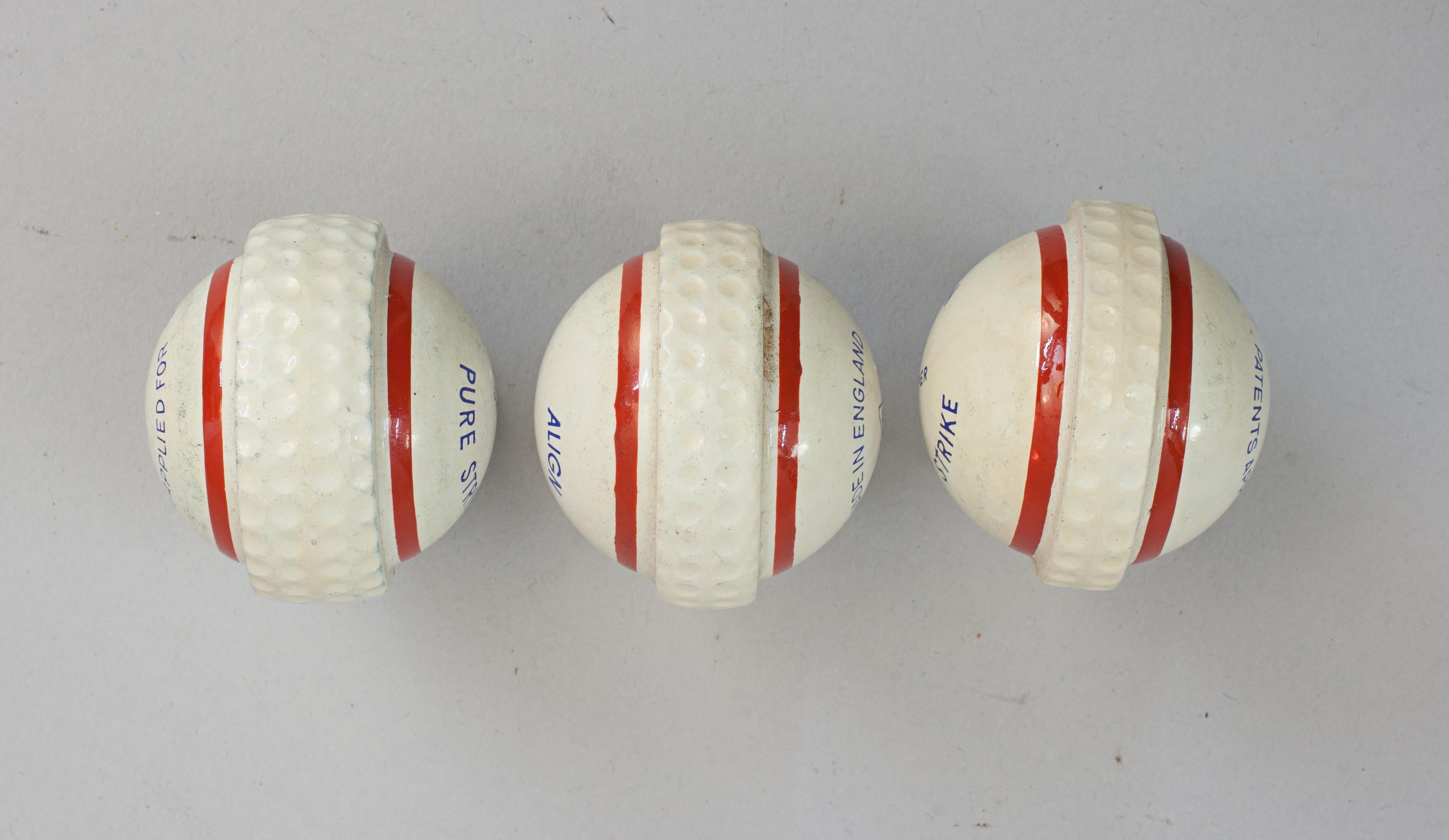 Align Pure Strike Practice Putting Golf Balls.
A set of three 'Align Pure Strike' practice putting golf balls in excellent condition. The balls had the approval of Open Champion Bob Charles, regarded by most as the greatest putter in the world. He