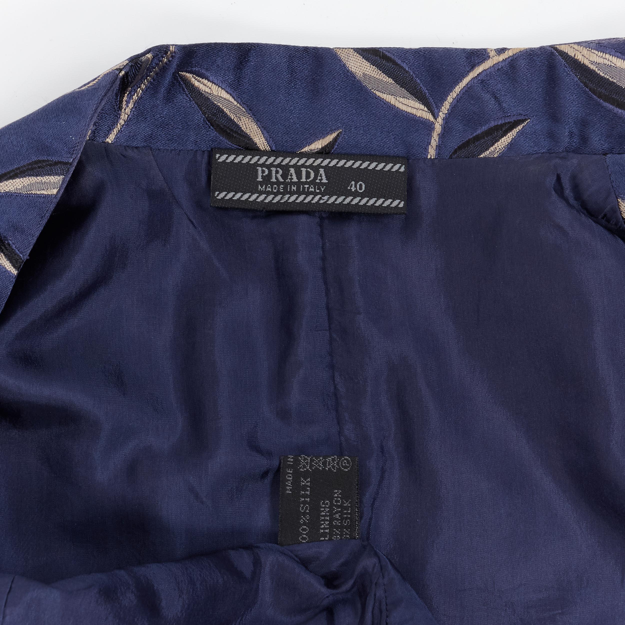 vintage PRADA 1996 oriental leaf jacquard silk navy Chinese collar shirt IT40 S 3