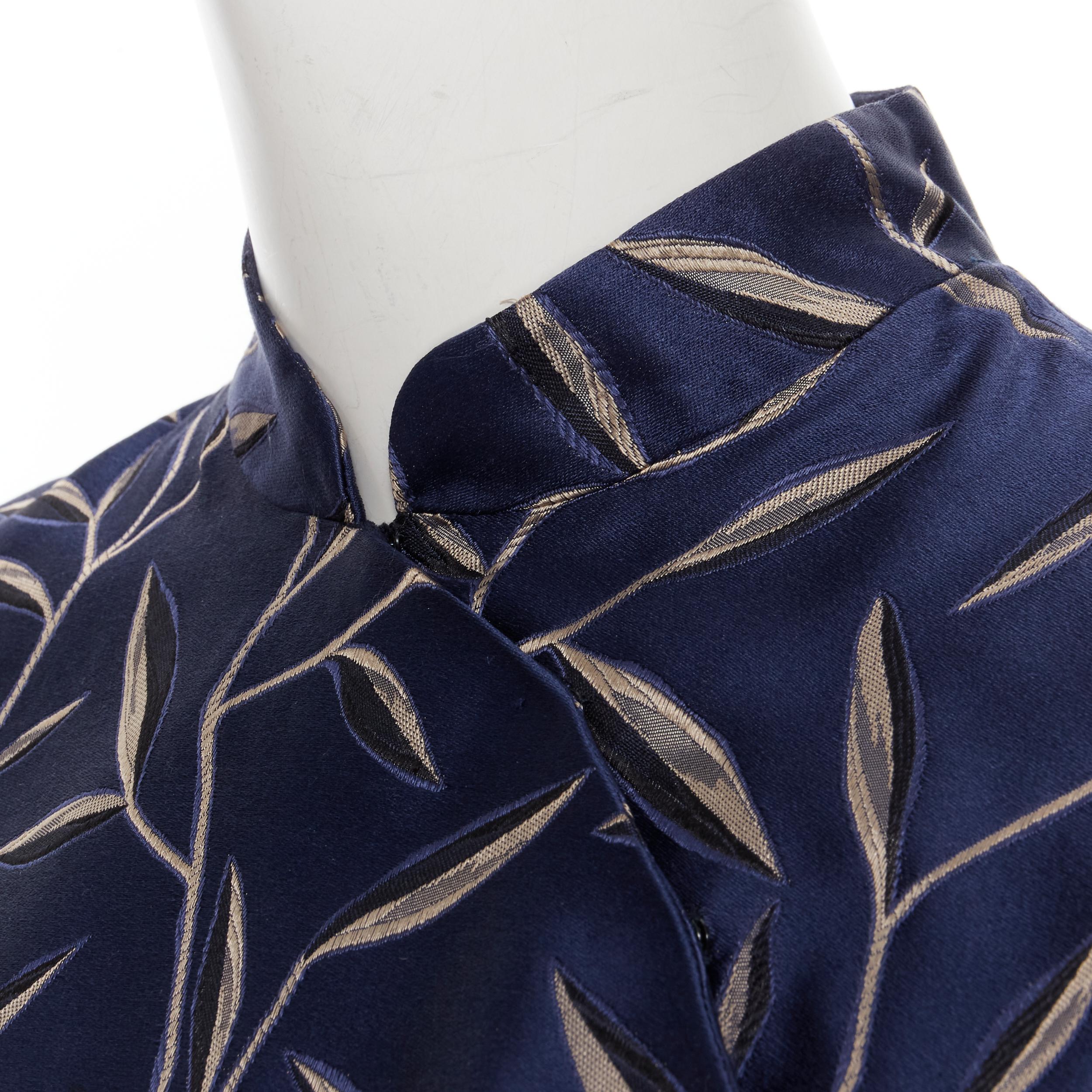 vintage PRADA 1996 oriental leaf jacquard silk navy Chinese collar shirt IT40 S In Good Condition In Hong Kong, NT