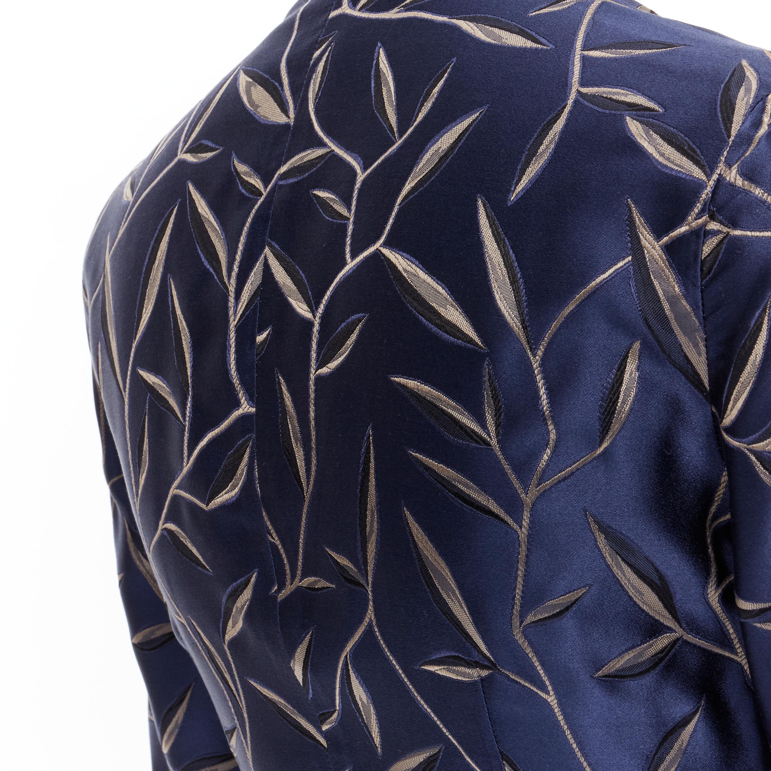 Women's vintage PRADA 1996 oriental leaf jacquard silk navy Chinese collar shirt IT40 S