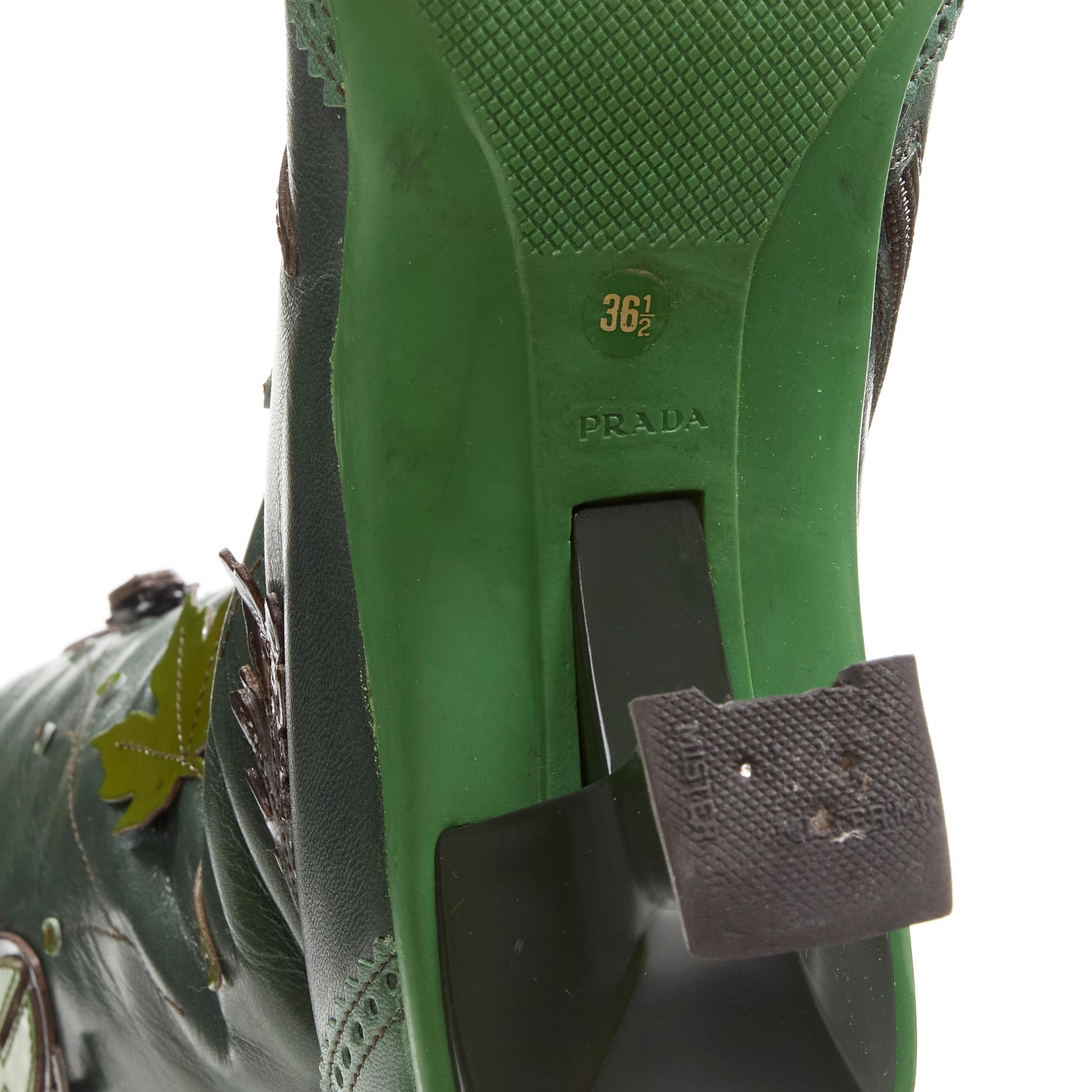 vintage PRADA 1999 green Romantic leaf applique curved heel elf boot EU36.5 4