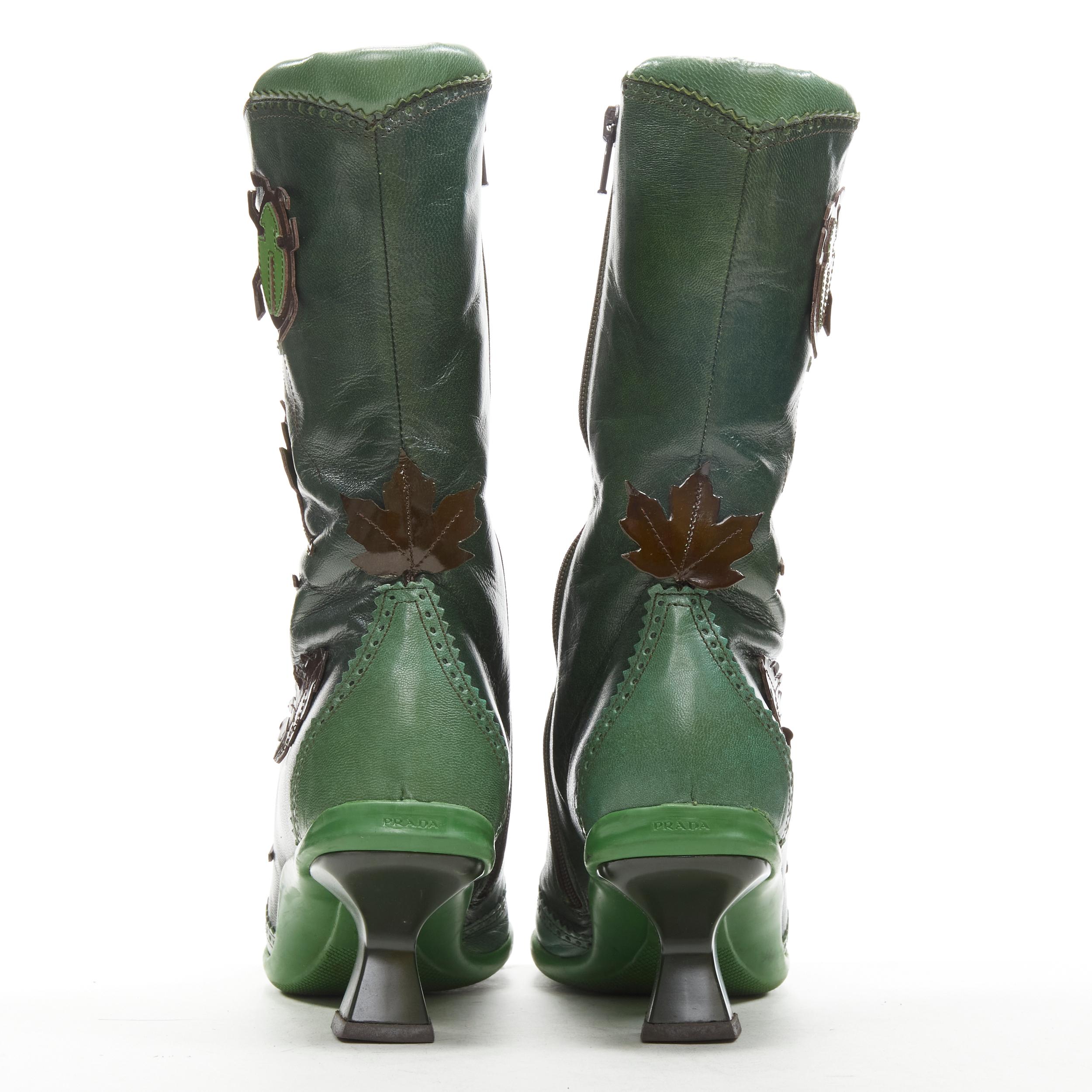 vintage PRADA 1999 green Romantic leaf applique curved heel elf boot EU36.5 In Good Condition In Hong Kong, NT