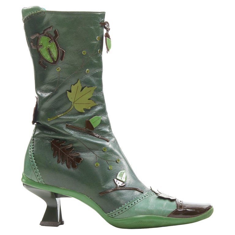 vintage PRADA 1999 green Romantic leaf applique curved heel elf boot EU36.5  For Sale at 1stDibs
