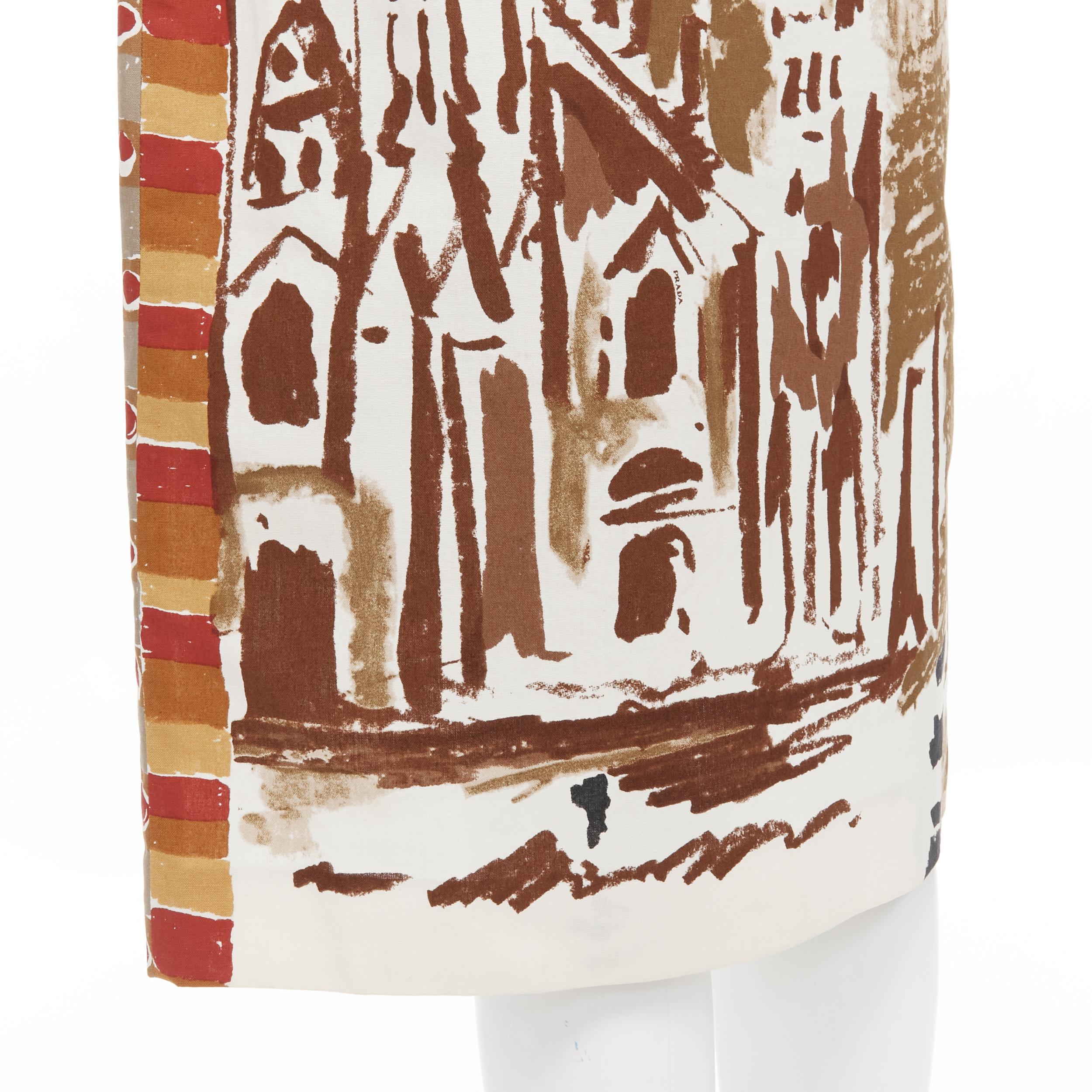 vintage PRADA 2004 Runway brown building painting print cotton skirt IT44 M 
Reference: JECN/A00018 
Brand: Prada 
Designer: Miuccia Prada 
Material: Cotton 
Color: Brown 
Pattern: Abstract 
Closure: Zip
Made in: Italy 

CONDITION:
Condition: