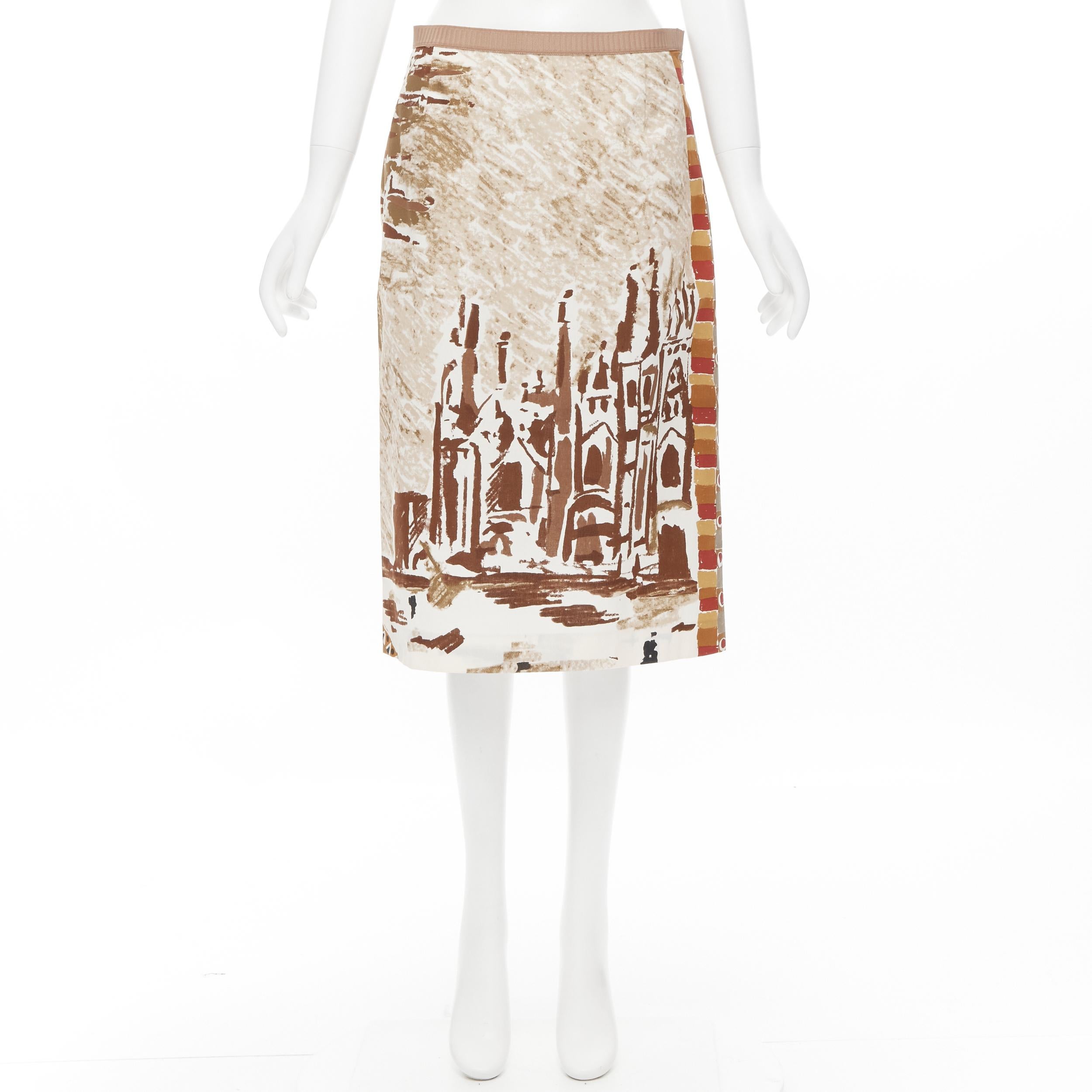 Beige vintage PRADA  2004 Runway brown building painting print cotton skirt IT44 M