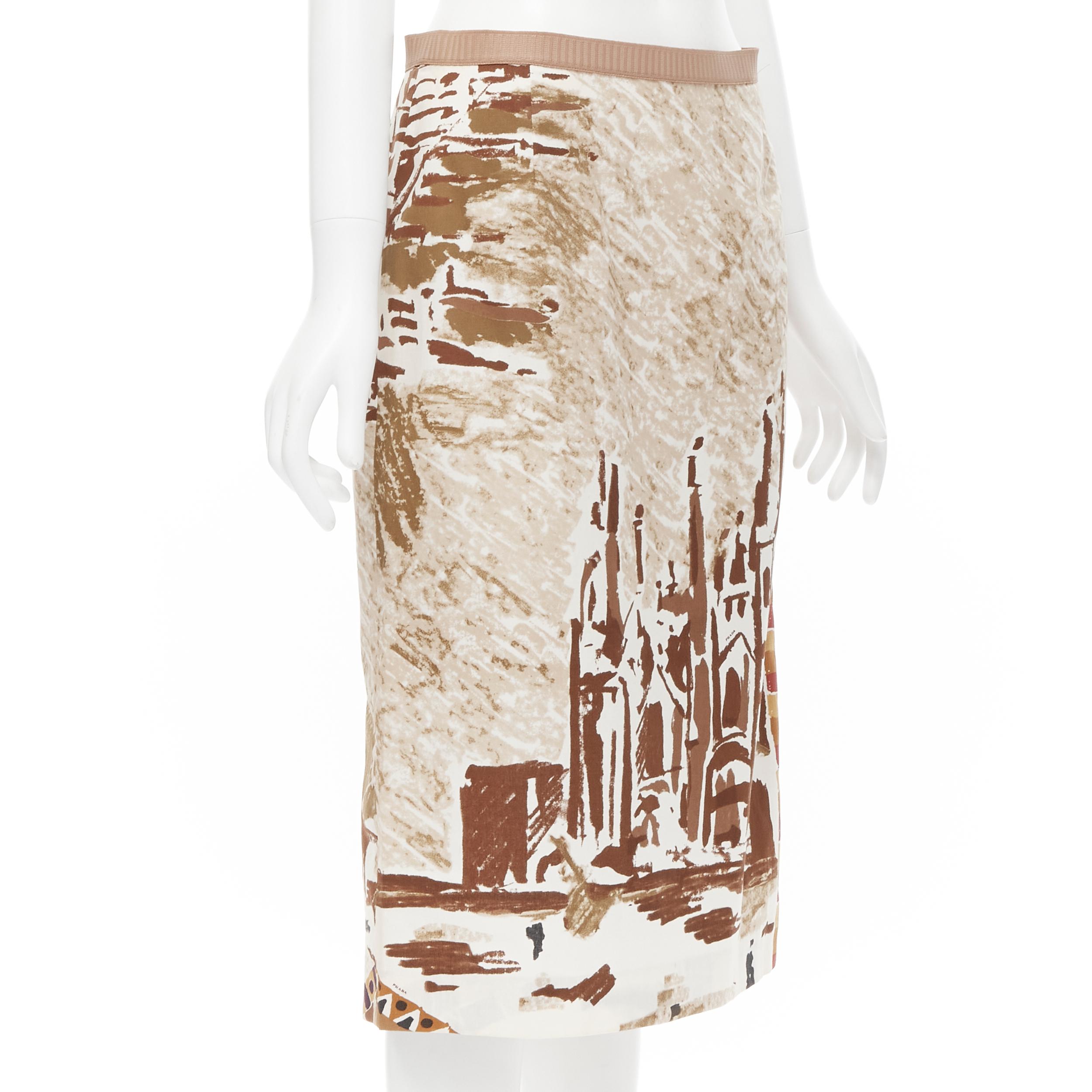 vintage PRADA  2004 Runway brown building painting print cotton skirt IT44 M In Excellent Condition In Hong Kong, NT