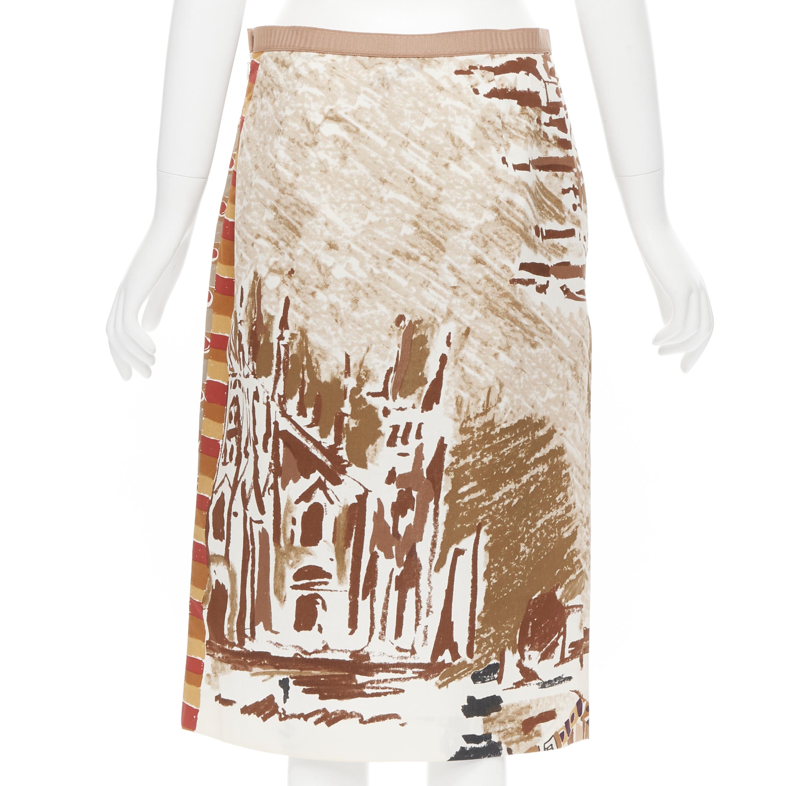 vintage PRADA  2004 Runway brown building painting print cotton skirt IT44 M 1