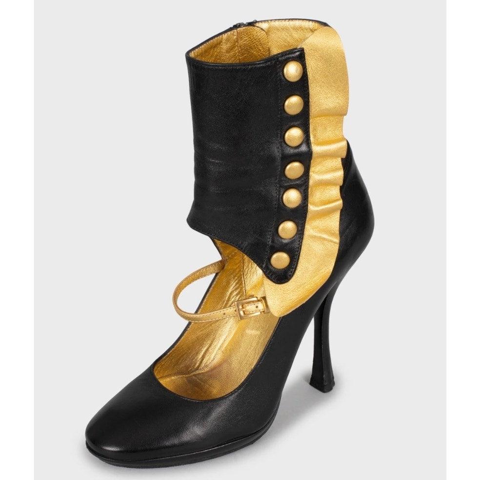 Vintage By Prada Schwarz Leder Gold Detail Heels Sz.37.5 im Zustand „Gut“ im Angebot in Krakow, PL