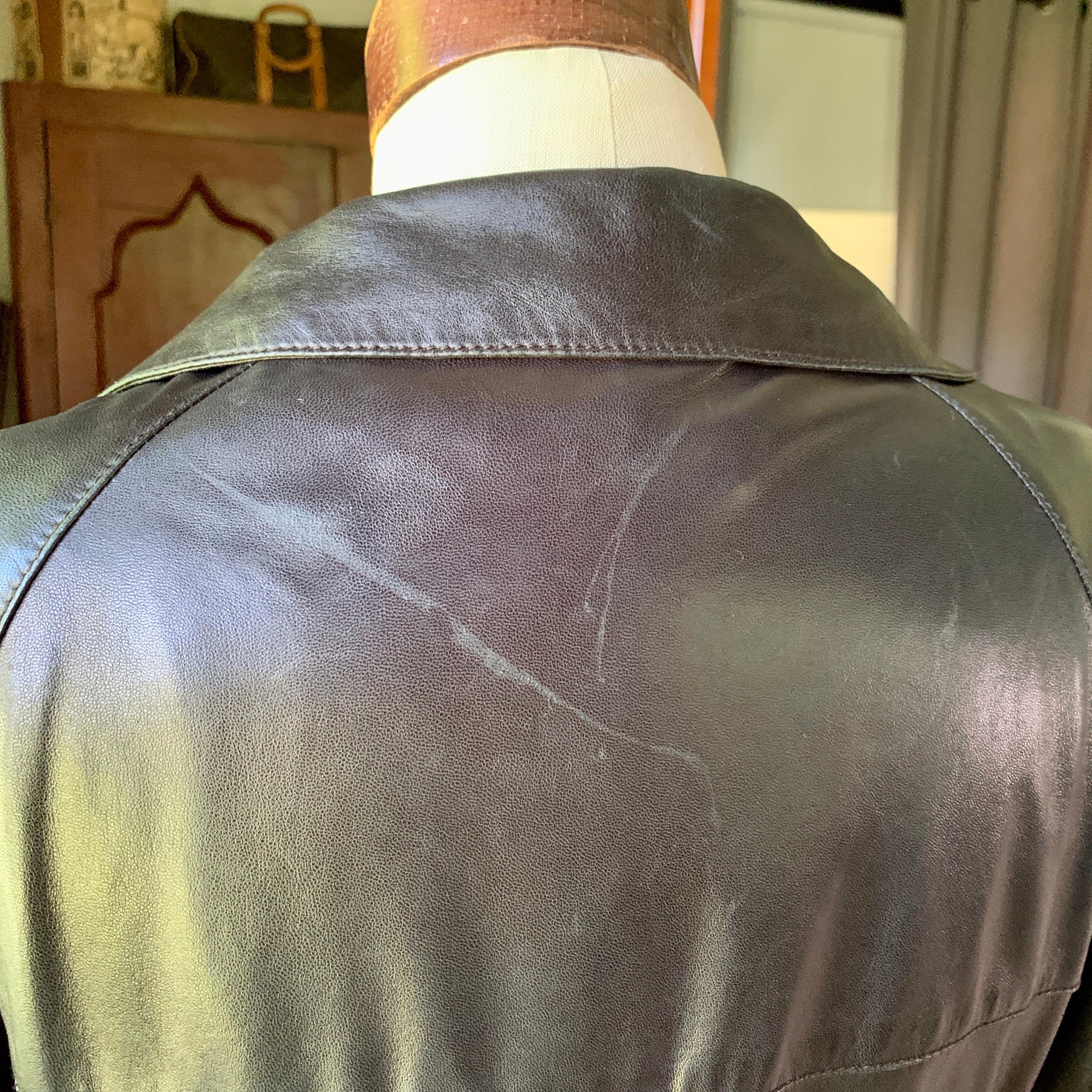 Vintage PRADA Black Leather WHITE LABEL Trench Coat Jacket MADE IN ITALY Small For Sale 8