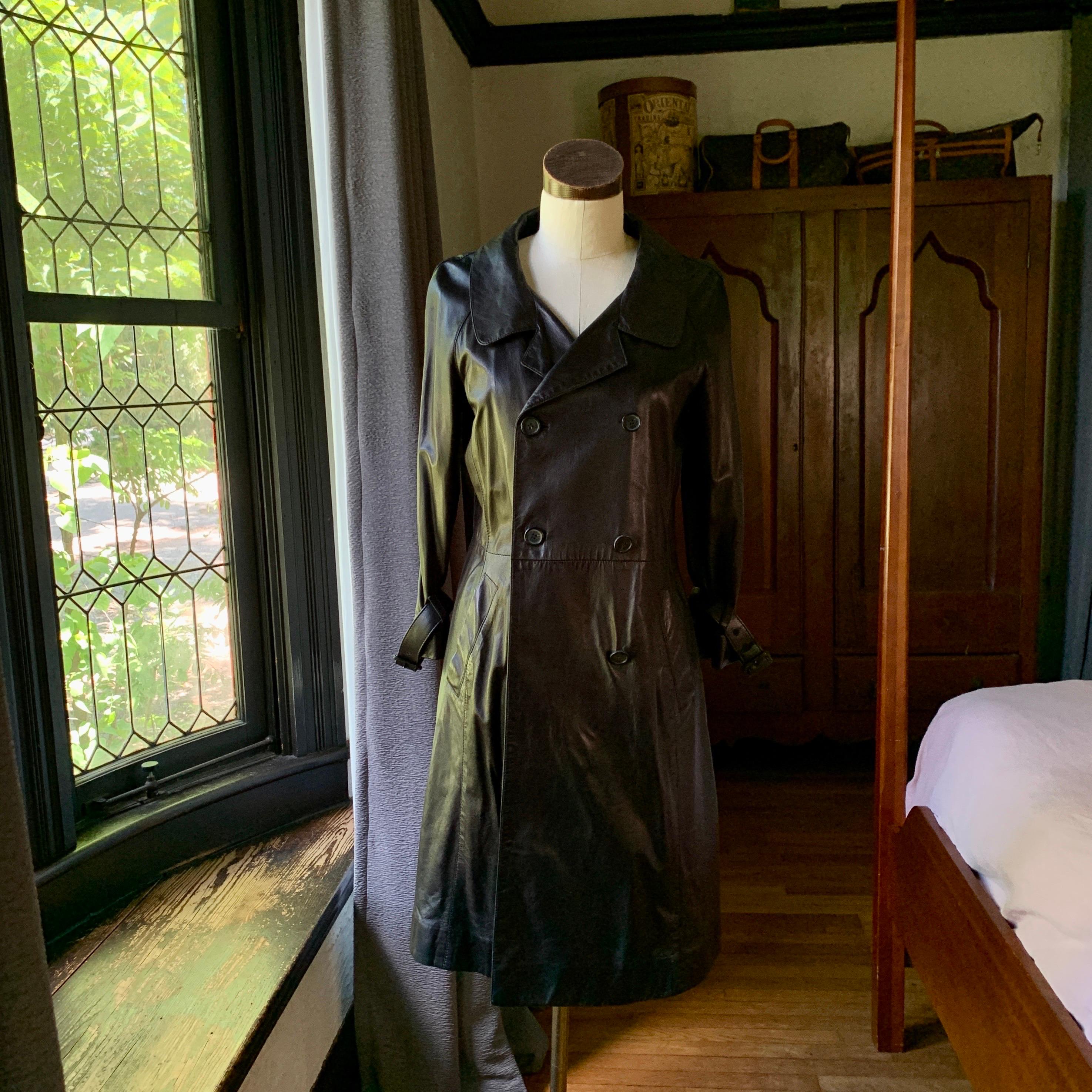 Prada, Made in Italy, Butter Soft Black Leather, Trench Style, Fully Lined, Logo Buttons, Back Slit 16.5