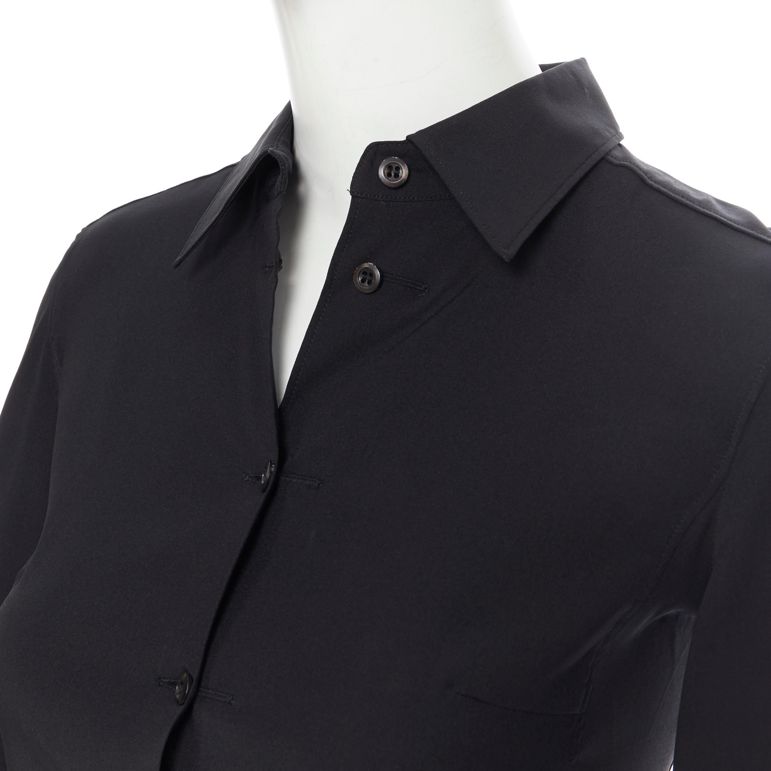 vintage PRADA black silk blend button front cropped 3/4 sleeve shirt top IT38 XS
Brand: Prada
Model Name / Style: Crop top
Material: Silk, blend
Color: Black
Pattern: Solid
Closure: Button
Extra Detail: Bust dart. 3/4 sleeve. Short bodice fit.
Made