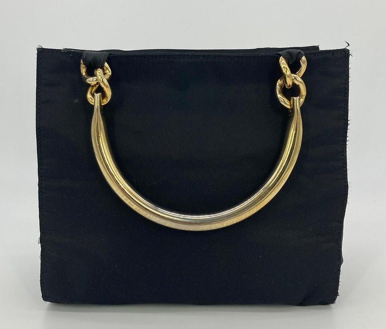 Vintage Prada Black Tessuto Nylon Gold Handle Bag For Sale at