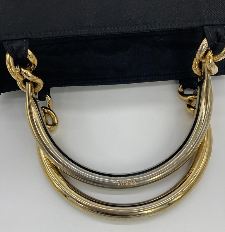 Vintage Prada Black Tessuto Nylon Gold Handle Bag For Sale at