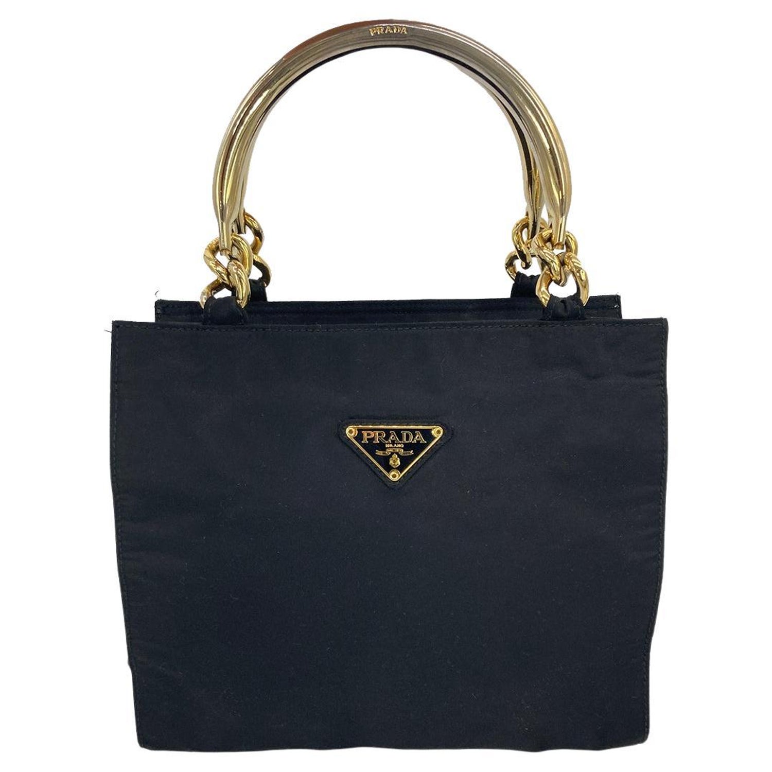 Vintage Prada Black Tessuto Nylon Gold Handle Bag For Sale at 1stDibs