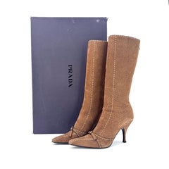 Vintage Prada Brown Suede Bow White Contrast Stitch Knee High Boots 40