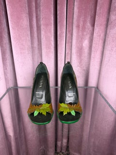Vintage Prada Fall 1999 Patent Leather Brown and Green Open Toe Leaf High Heels