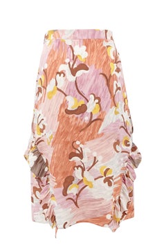 Vintage Prada Floral Brushstroke Printed Silk Ruffle Midi Skirt