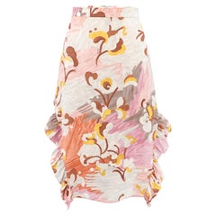 Vintage Prada Floral Brushstroke Printed Silk Ruffle Midi Skirt