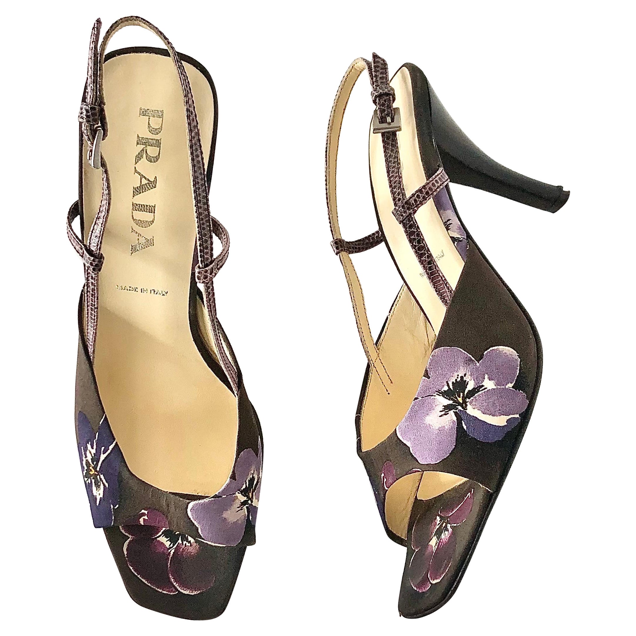 Vintage Prada Stampa Floreale Pelle di Serpente Sandali con Tacco 38.5