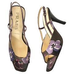 Vintage Prada Floral Print Snakeskin Slingback Heeled Sandals 38.5