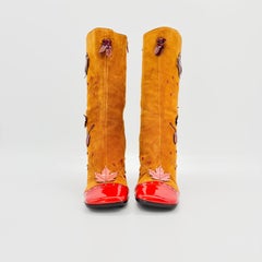 Vintage Prada FW1999 Red Patent Tan Suede Leaves and Bug Applique Boots 38.5