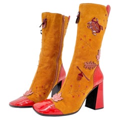 Vintage Prada FW1999 Red Patent Tan Suede Leaves and Bug Applique Boots 38.5