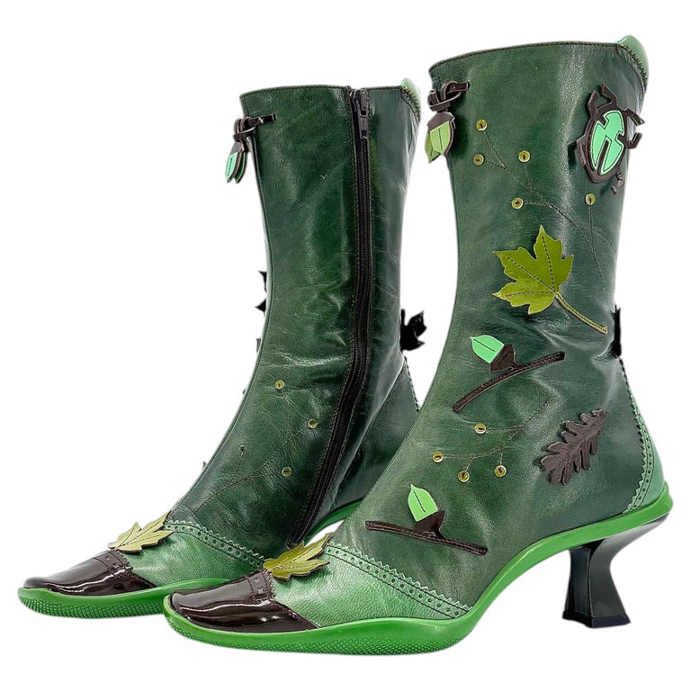 Miuccia Prada, Prada Vintage Prada FW1999 Runway Green Leaves and Bug Applique Leather Boots 38.5