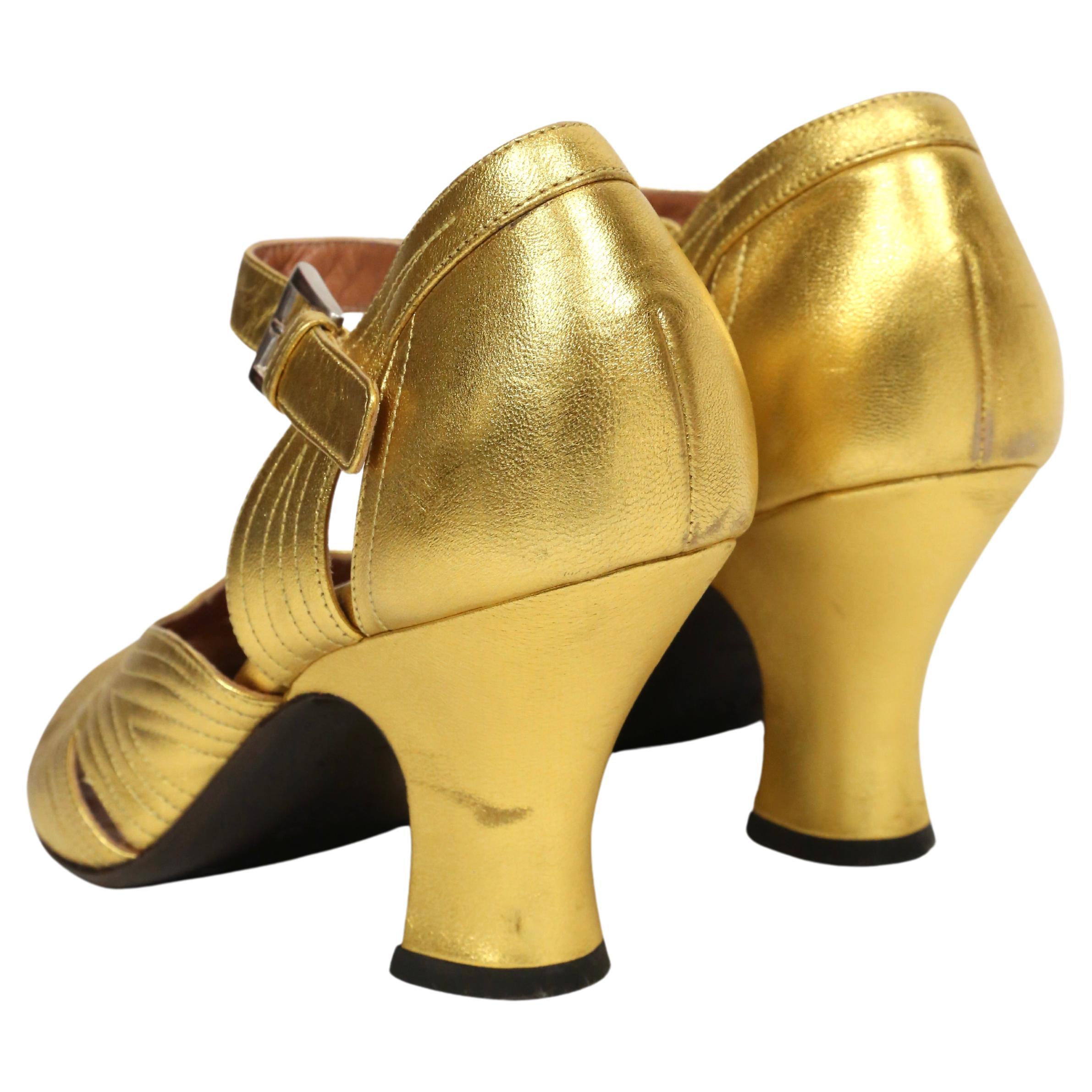 vintage PRADA gold leather heels with decorative topstitching and peep toes - 40 1