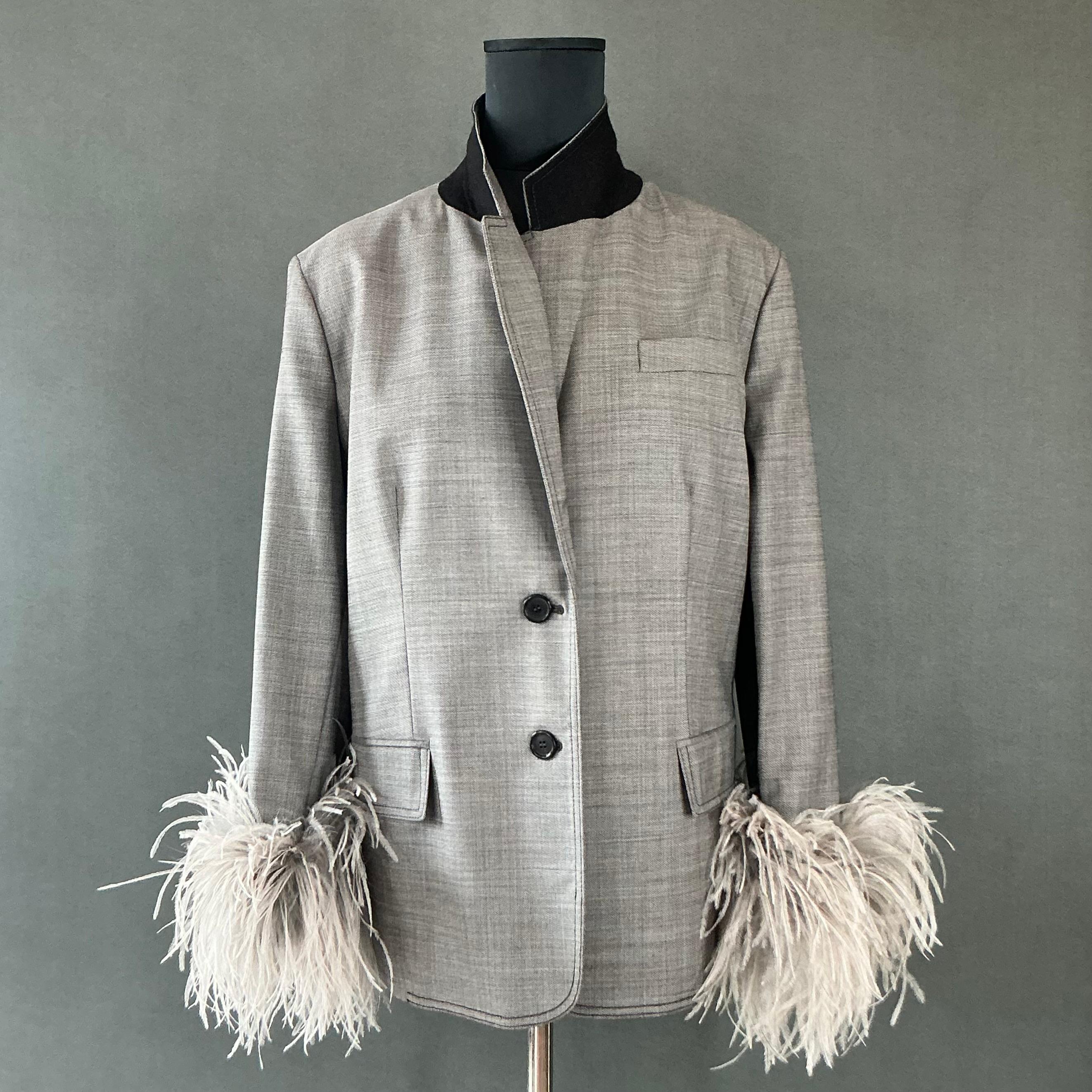 Gray Vintage Prada Fil-A-Fil Feather Cuff Blazer For Sale